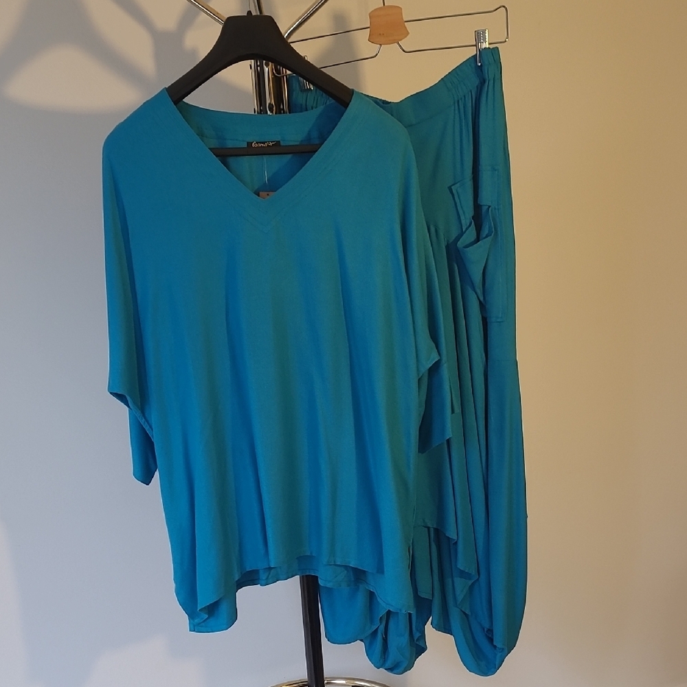 Blue V-Neck Top and Pants Set